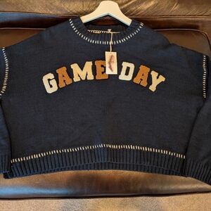 Jessica Simpson Navy Blue Cropped Long Sleeve 'Game Day' Sweater Size M